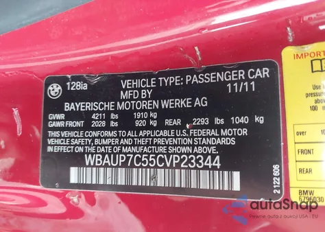 2012 BMW 128I from USA, damaged, VIN WBAUP7C55CVP23344
